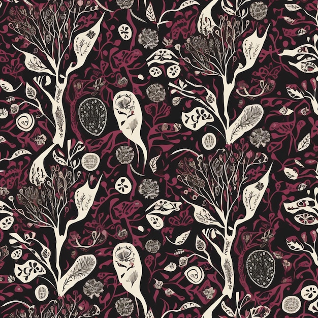 A black and red floral pattern with leaves and flowers.