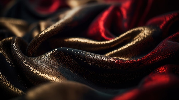 Black Red and Gold Fabric in Wavy Bokeh Abstract Background Generative AI