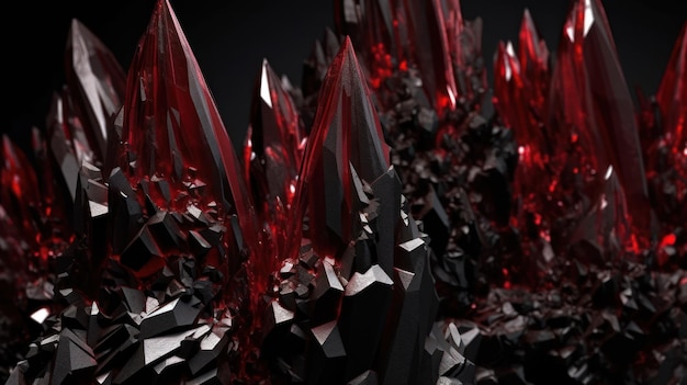 A black and red image of a pyramid with red crystals.