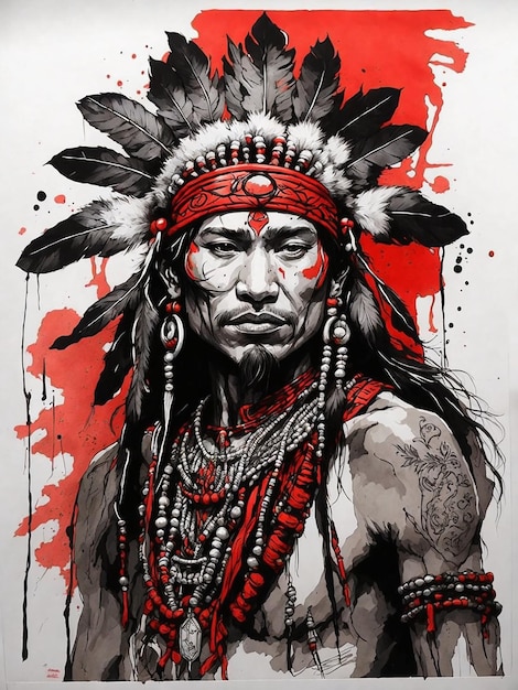 Black and Red Ink Red Indian in Chinese Style Ink Art