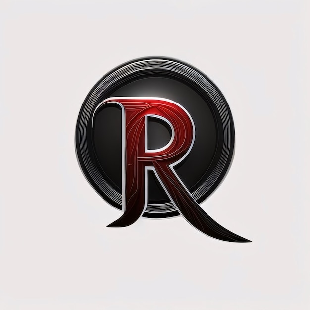 Black and red letter R with a black circle and a decorative pattern