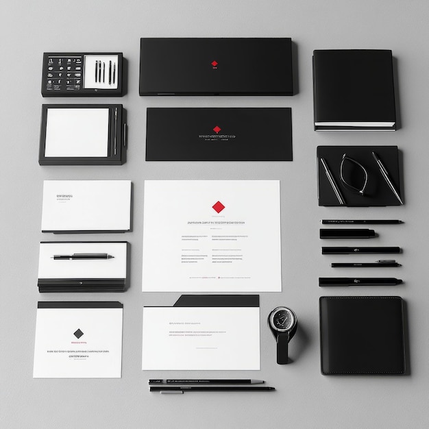 Black and red minimalist stationery mockup with pens watches notebooks and business cards