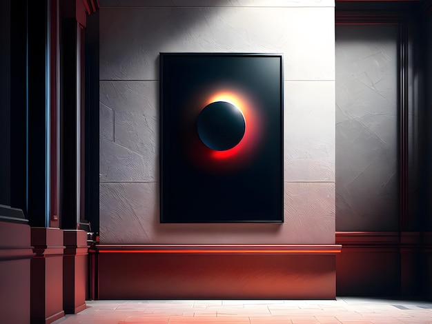 A black and red picture of a moon on a wall