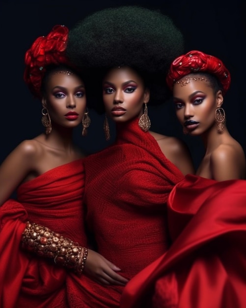 A black and red portrait of women with red hair and flowers.