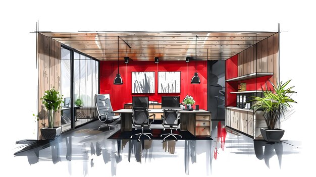 Black and red sketch of a futuristic office