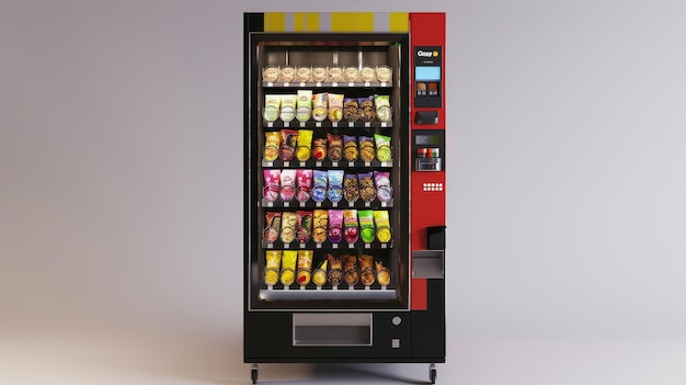 A Black and Red Snack Vending Machine Filled with Snacks A black vending machine with a red stripe stands against a light gray background and is fully stocked with assorted snacks