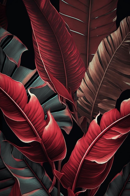 A black and red wallpaper with a bunch of tropical leaves.