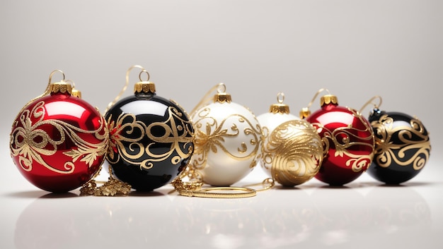 Black red and white Christmas ornaments with gold accents sit on a white surface against a pale gr