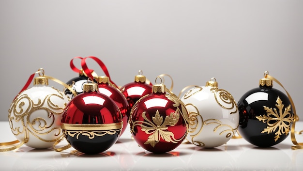 Black red and white Christmas ornaments with gold accents sit on a white surface against a pale gr