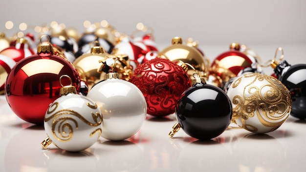 Black red and white Christmas ornaments with gold accents sit on a white surface against a pale gr