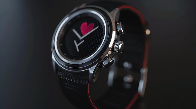 Photo black and red wristwatch with a heart rate monitor the watch is made of metal and has a black rubber strap the watch face is black with red accents