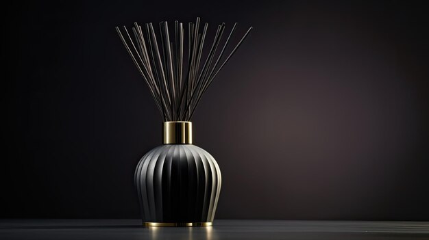 a black reed diffuser bottle with minimalistic design and golden details a modern minimalist style and ensure there's ample space for accompanying text or invitations