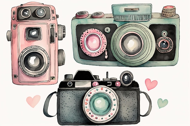 Black retro camera fun collection drawing with bit of watercolour generative ai