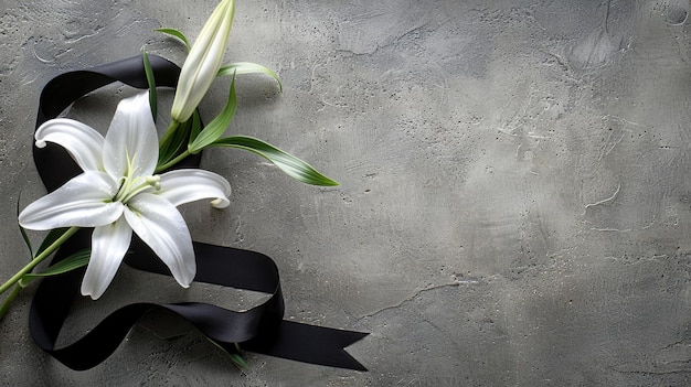 Photo a black ribbon and white lily flowers arranged on a grey concrete surface the poignant symbolism of the sad flag in honor of lives lost to war or cancer