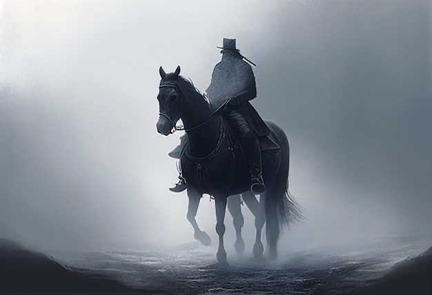 Black rider on a horse during the fog AI Generated