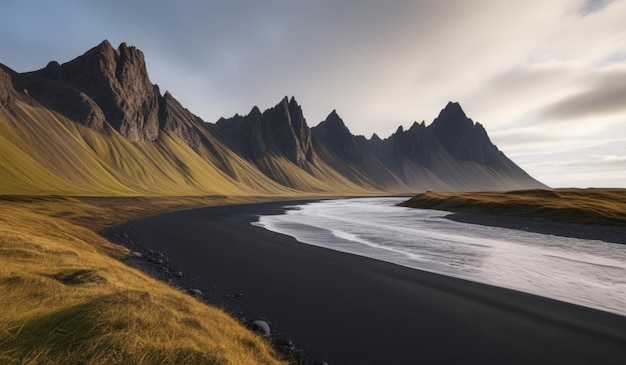 a black road with a mountain in the background