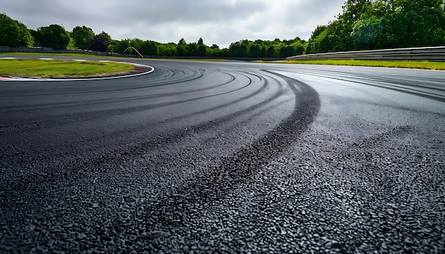 a black road with a tire marks on it that is curved and curved