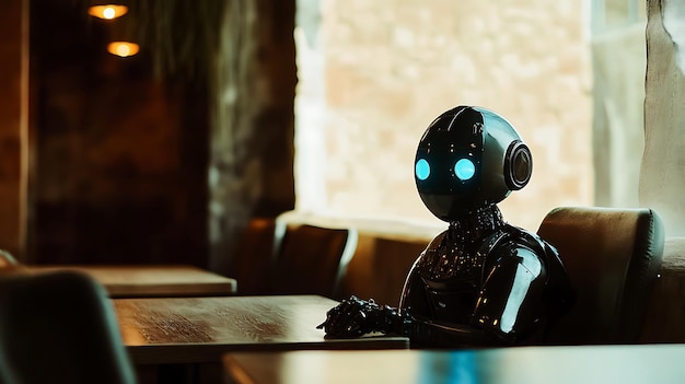 A black robot with blue glowing eyes sits at a wooden table in a cafe with a brown leather chair and a window behind it