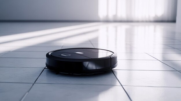 Photo black robotic vacuum cleaner on tiled floor