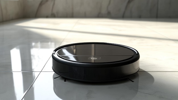 Black Robotic Vacuum Cleaner on White Tile Floor