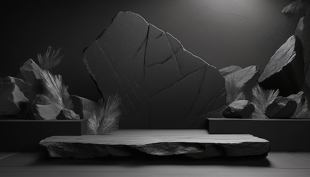 Black rock and stone minimalist for product showcase geometric shape background mockup for podium