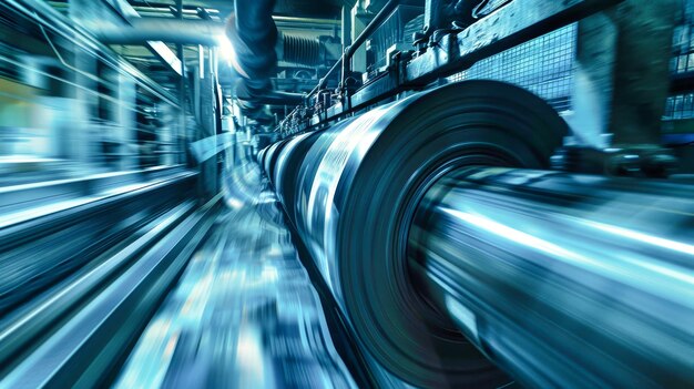 Black rolls of a newspaper printing press swiftly transport creating a dynamic blur in a bluetoned industrial setting emphasizing speed and efficiency