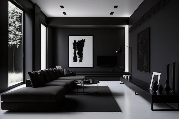 A black room with a black couch and a coffee table.