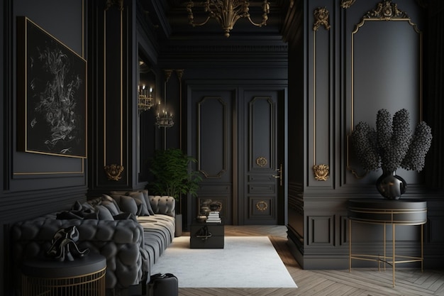 A black room with a sofa and a fireplace