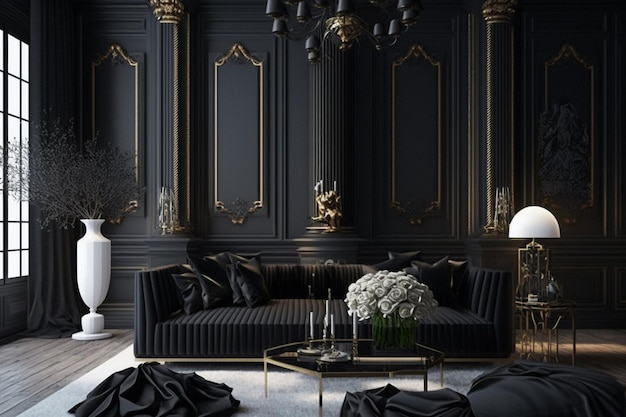 Black rooms with black walls and gold accents.