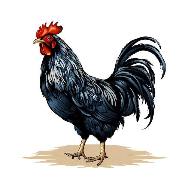 Black rooster with red comb stands on the ground Generative AI