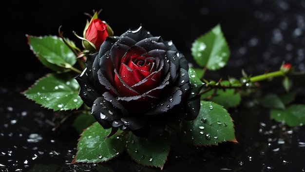 A black rose is shown in the picture The petals wet and glistening in the light There are also two