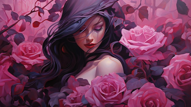 Black rose among pink roses