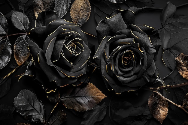 a black rose with gold leaves and gold leaves