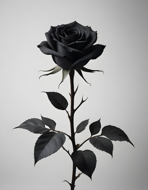 a black rose with leaves and a white background