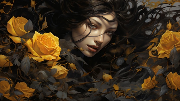 Black rose among yellow roses