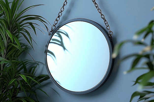 Photo black round mirror hanging on chain with green plants