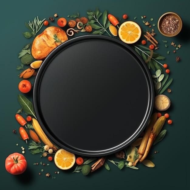 Photo a black round plate surrounded by vegetables and spices on a green background