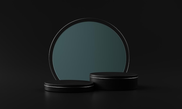 black round podium black scene for product display on black background with glass 3d rendering