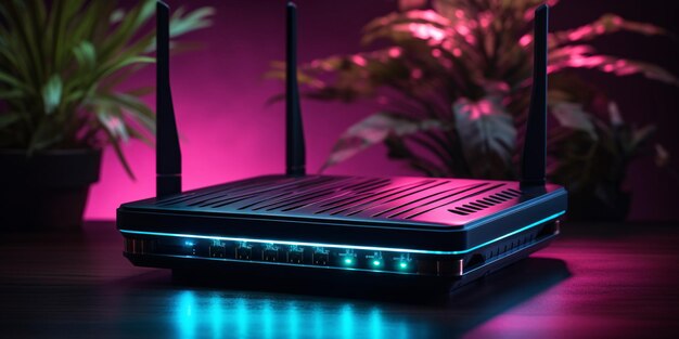 a black router with blue lights