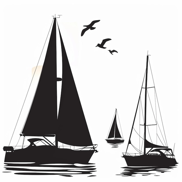 a black sailboat with two birds flying over it