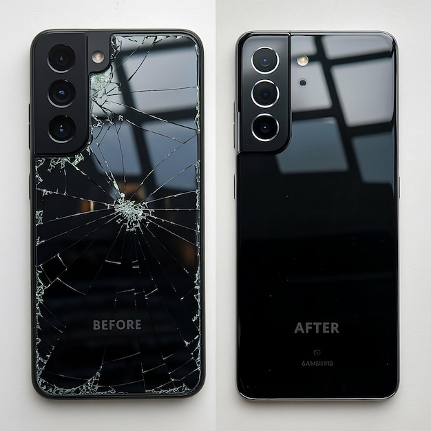 a black samsung phone with a broken screen and the front and back of it