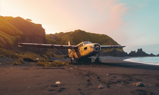 On the black sand beach an eerie sight unfolds an abandoned airplane Creating using generative AI tools