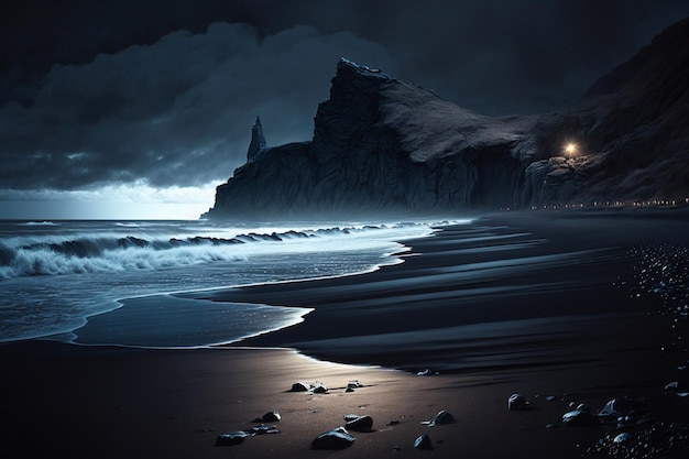 Black Sand Beach at night Generative AI