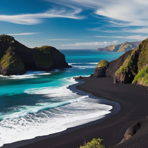 Photo a black sand beach with a black sand beach and a large wave