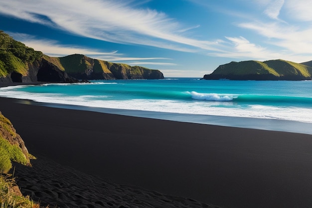 Photo a black sand beach with a mountain in the background