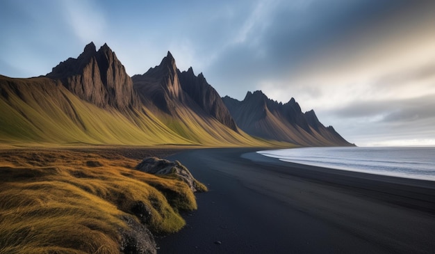 a black sand beach with a mountain in the background