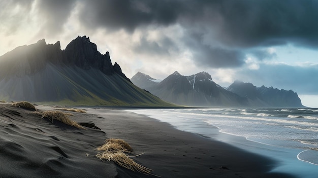 A black sand beach with mountains in the background