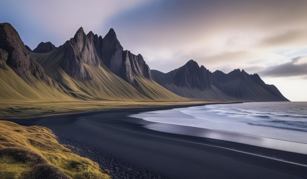 Photo a black sand beach with mountains in the background