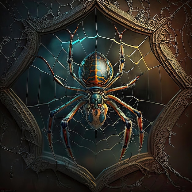 Black scary spider closed up on a dark background Poisonous scary spider from the horror movies Web striped paws Tarantula Arachnophobia concept Generative of AI