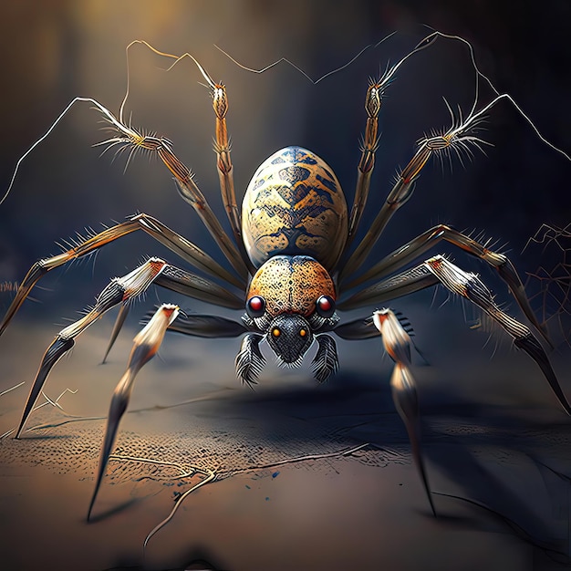 Black scary spider closed up on a dark background Poisonous scary spider from the horror movies Web striped paws Tarantula Arachnophobia concept Generative of AI